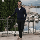 Conjunto Jaqueta Quarter Zip + Mocassim Loafer de Camurça + Calça de Alfaiataria